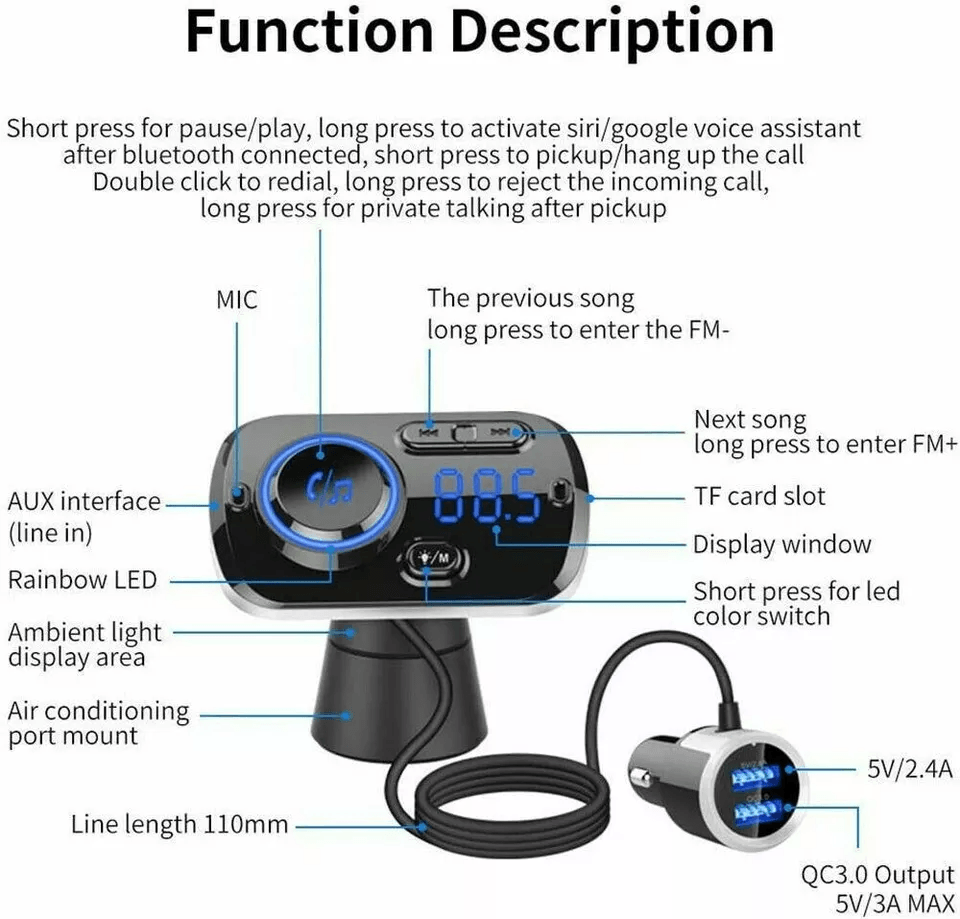 Handsfree Bluetooth FM Transmitter Wireless Radio Adapter Car Kit MP3 Player USB Charger With Clear