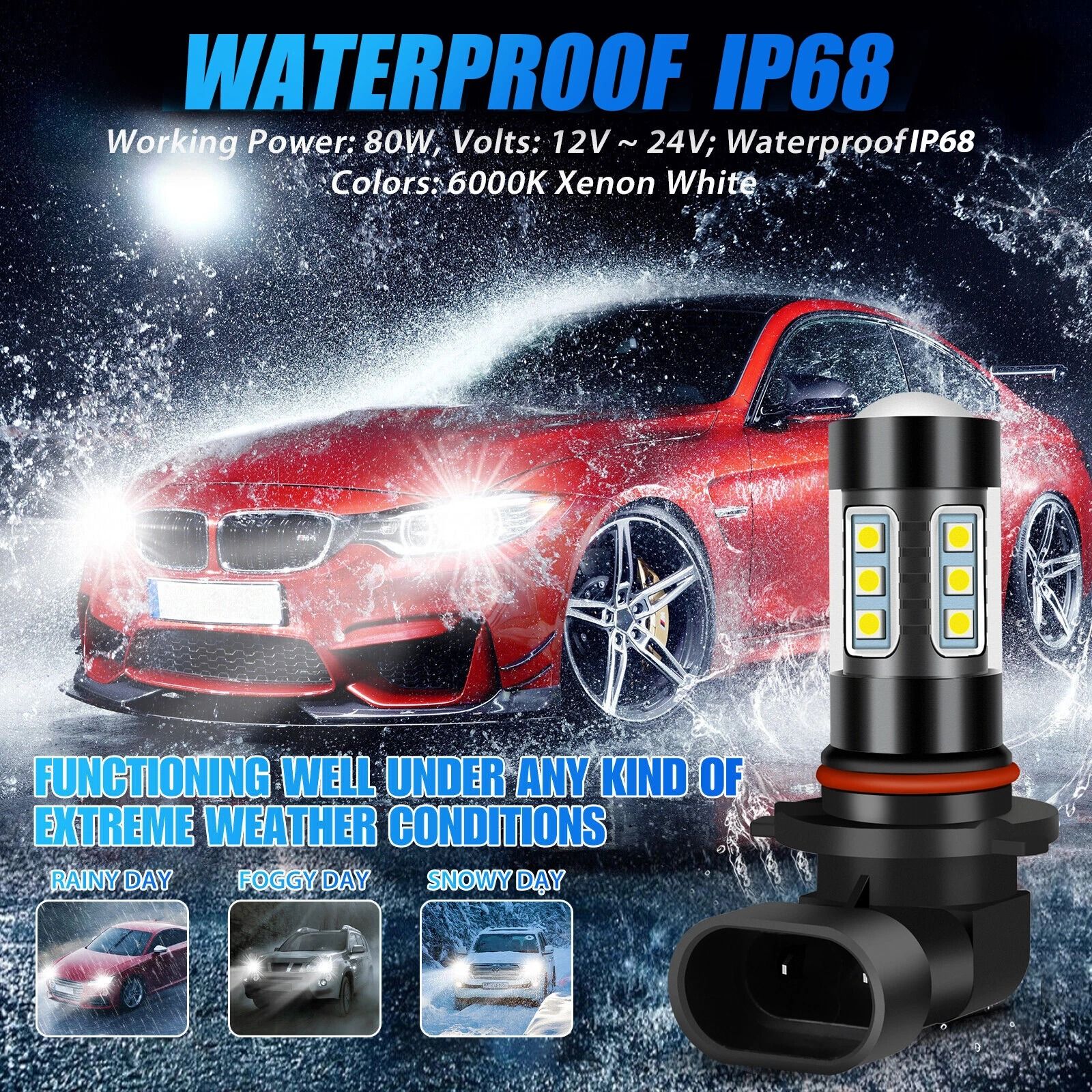 Super White LED Fog Light Bulbs, H10 9145 9005 Compatible 6000K Driving Lamp & DRL Kit (2-Pack)