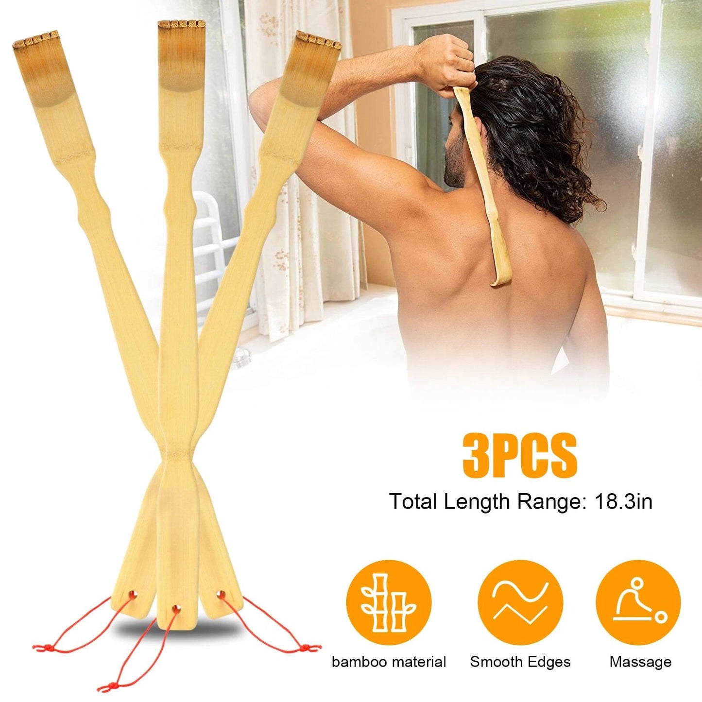 3 PCS Natural Bamboo Back Scratcher – Long Reach Itch Relief Tool, Portable & Handcrafted Gift for Men & Women