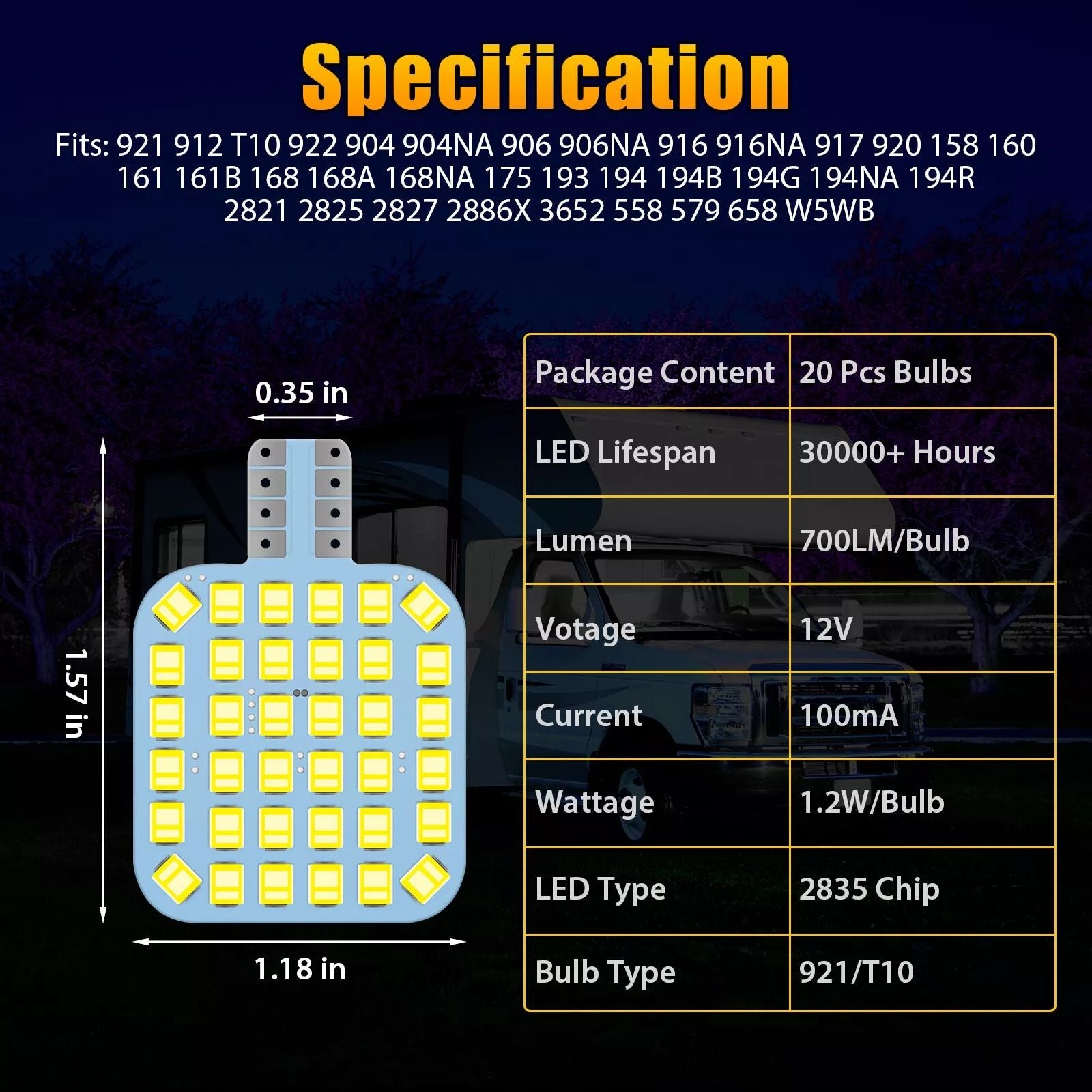 20Pack T10 LED Bulbs 6000K Super White Interior Lights For RV Camper  Car Upgrades 6
