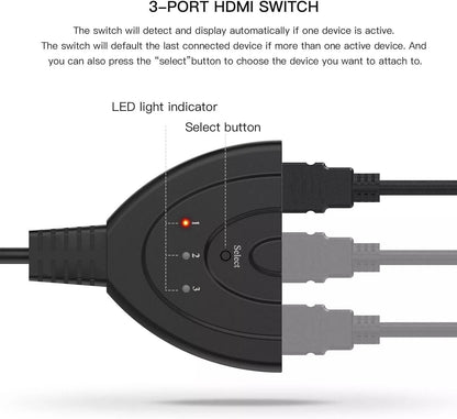 HDMI Switcher Hub Adapter 3Way 1080P Splitter For Gaming  HDTV PS4 Xbox Roku Fire Stick 6