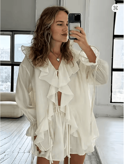 Chic 2Piece Vacation Set For Women  Flare Sleeve Shirt And LaceUp Shorts Outfit 1