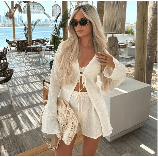 Chic 2-Piece Vacation Set for Women – Flare Sleeve Shirt and Lace-Up Shorts Outfit