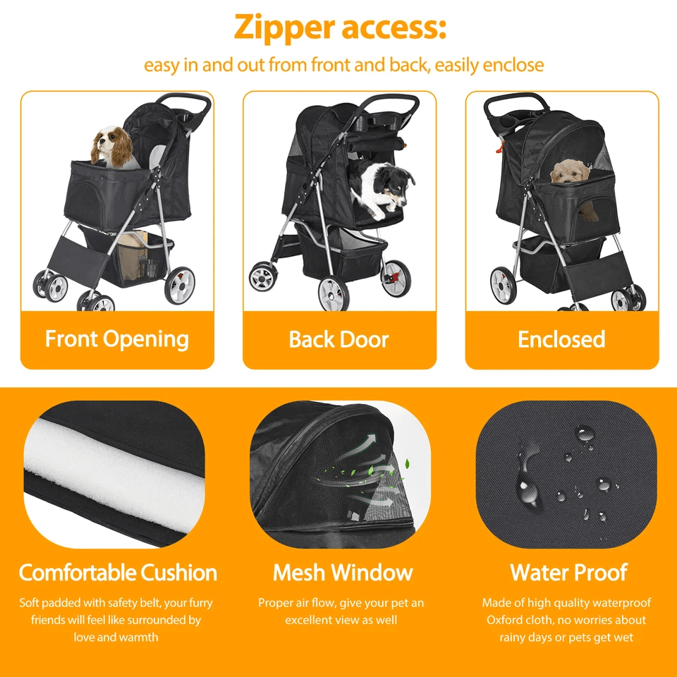 Premium Pet Dog Stroller Travel Carriage 4 Wheel Foldable Pet Carrier Cart With Cup Holder Mesh Can 2