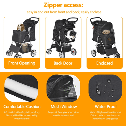 Premium Pet Dog Stroller Travel Carriage 4 Wheel Foldable Pet Carrier Cart With Cup Holder Mesh Can 2