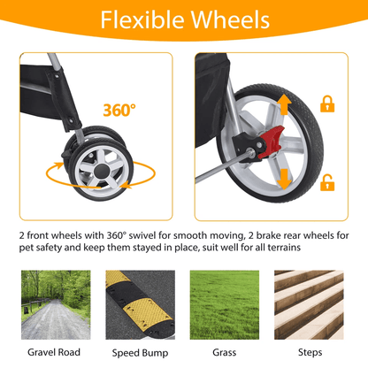 Premium Pet Dog Stroller Travel Carriage 4 Wheel Foldable Pet Carrier Cart With Cup Holder Mesh Can 3