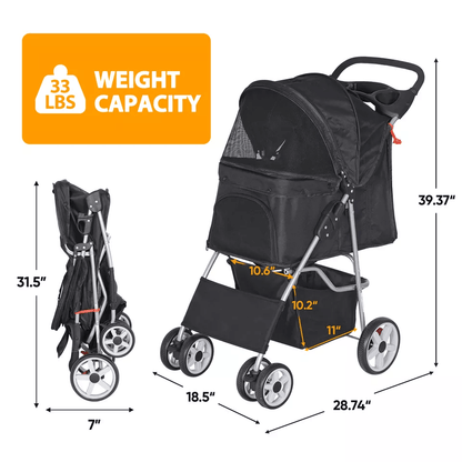Premium Pet Dog Stroller Travel Carriage 4 Wheel Foldable Pet Carrier Cart With Cup Holder Mesh Can 4