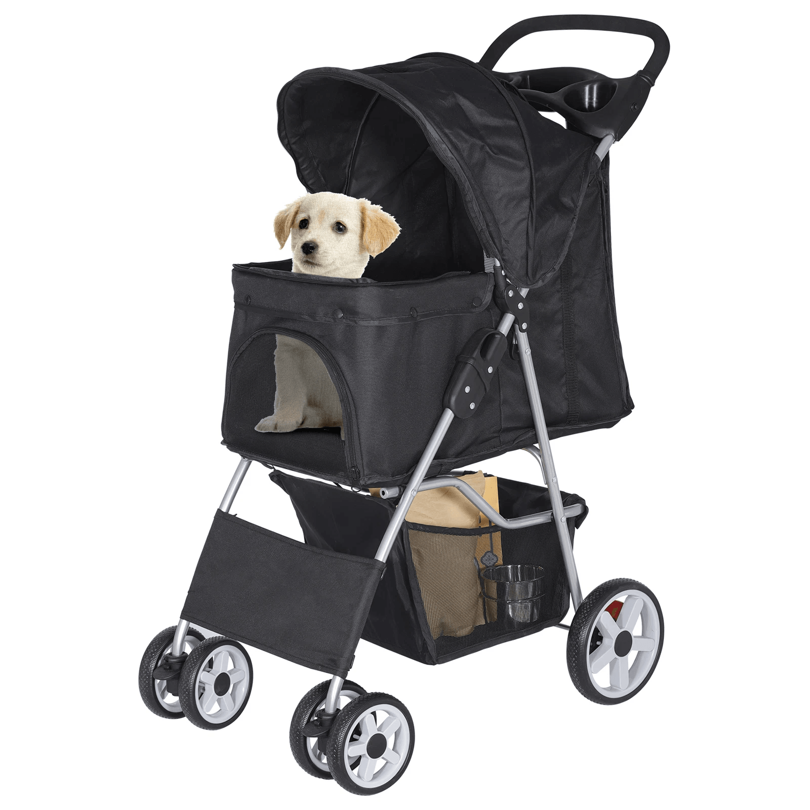 Premium Pet Dog Stroller Travel Carriage, 4 Wheel Foldable Pet Carrier Cart with Cup Holder, Mesh Canopy & Safety Brake