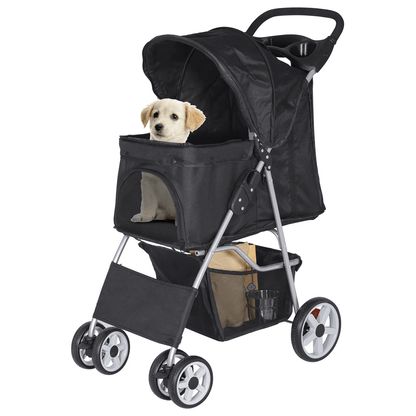 Premium Pet Dog Stroller Travel Carriage, 4 Wheel Foldable Pet Carrier Cart with Cup Holder, Mesh Canopy & Safety Brake