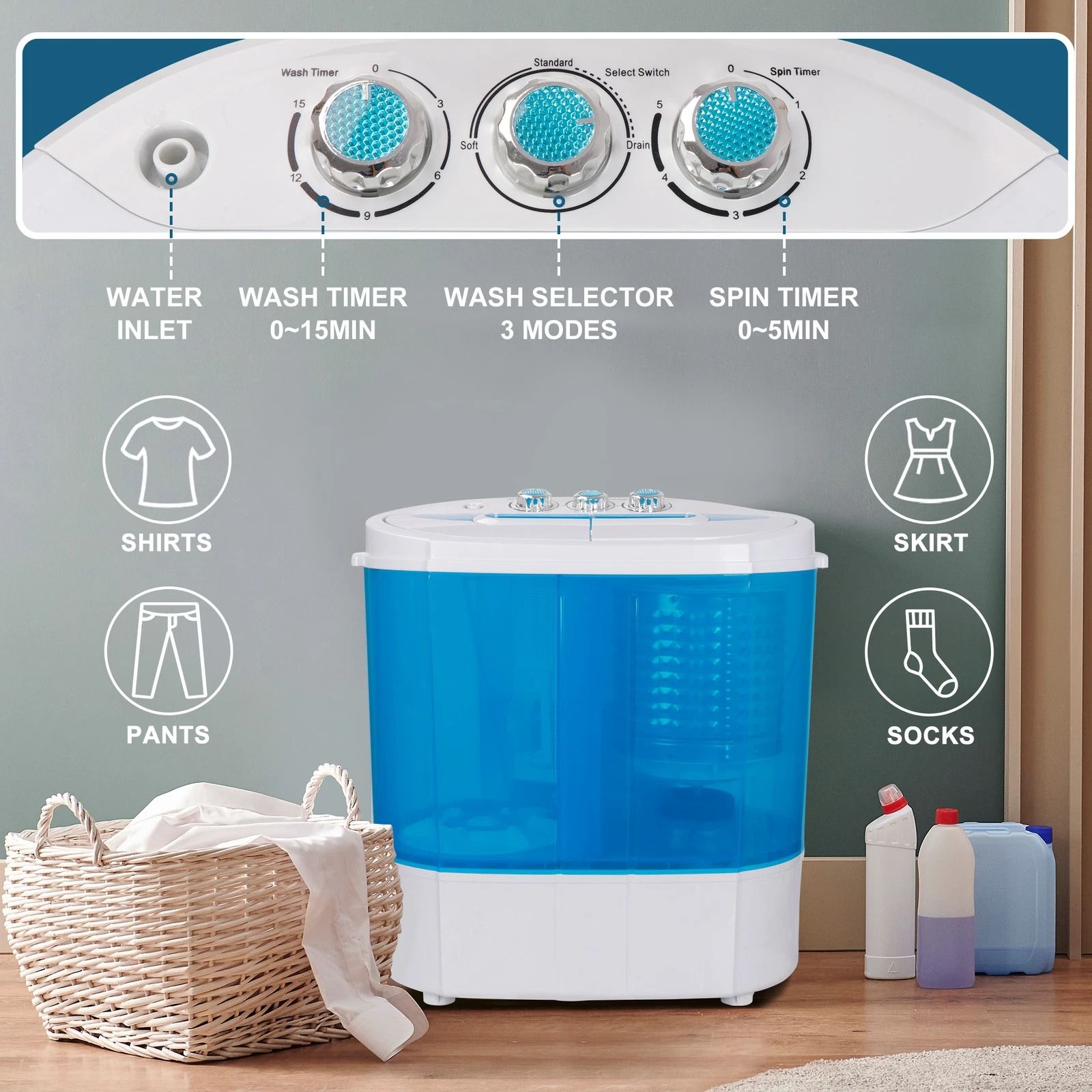 10lbs Mini Washing Machine  Compact Twin Tub Portable Washer  SpinDryer For Small Spaces 16