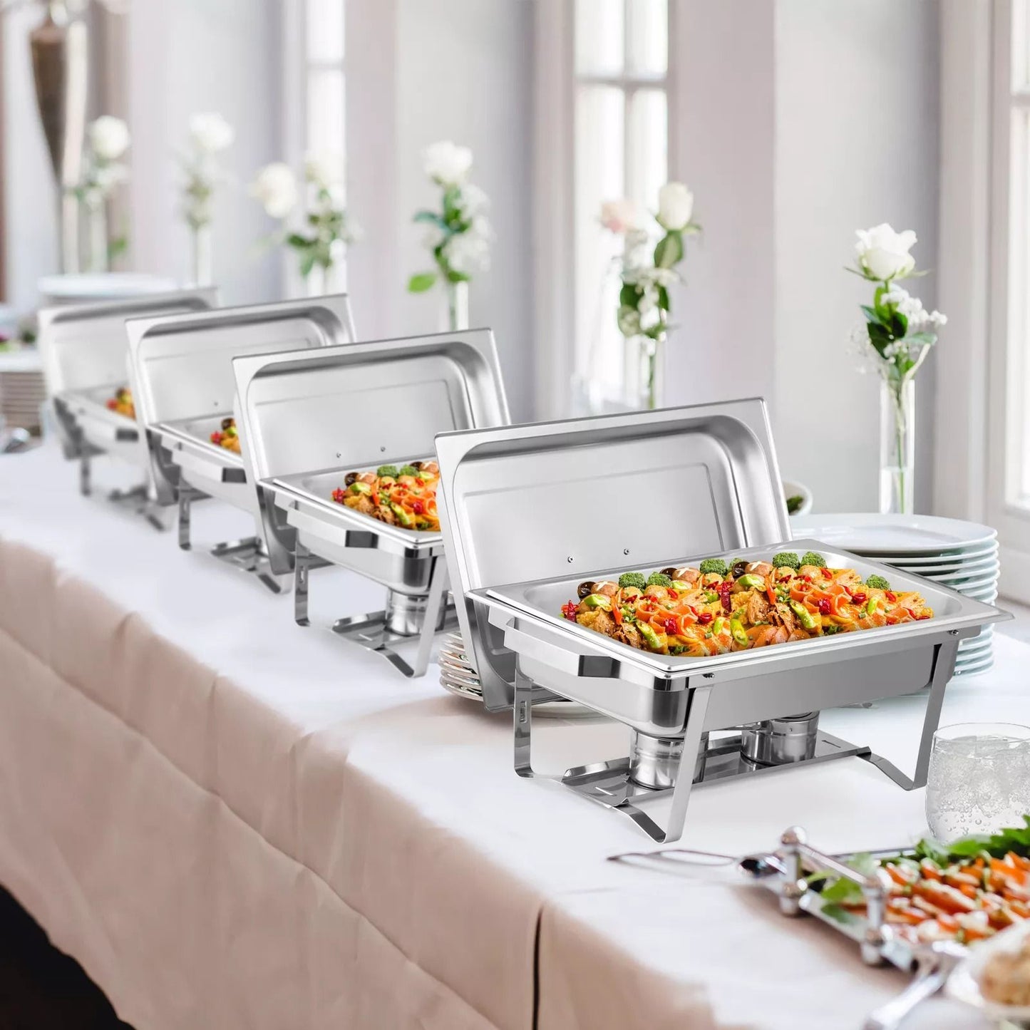 4 Pack 8 QT Stainless Steel Chafer Set  Catering Food Warmer Chafing Dishes For Buffets Parties  Ev 2