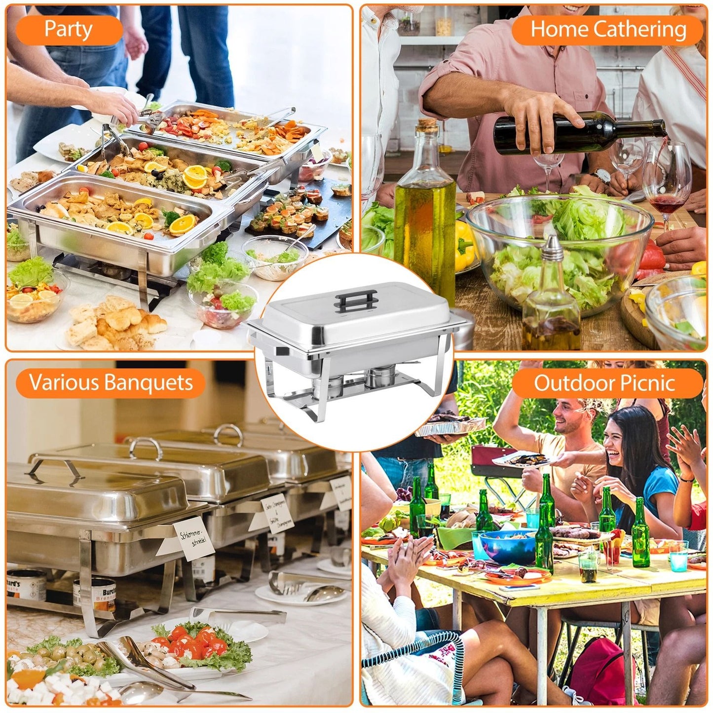 4 Pack 8 QT Stainless Steel Chafer Set  Catering Food Warmer Chafing Dishes For Buffets Parties  Ev 4
