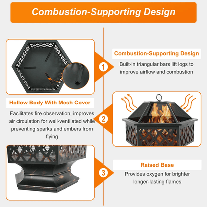 Hex Shaped Fire Pit Fireplace Bronze Finish Outdoor Firepit For Backyard  Garden 4