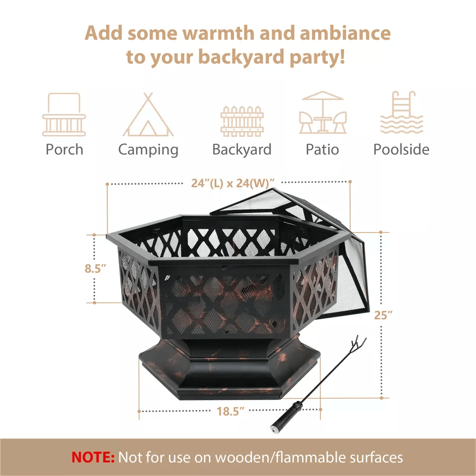 Hex Shaped Fire Pit Fireplace Bronze Finish Outdoor Firepit For Backyard  Garden 2
