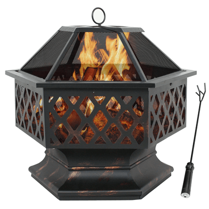 Hex Shaped Fire Pit Fireplace, Bronze Finish Outdoor Firepit for Backyard & Garden