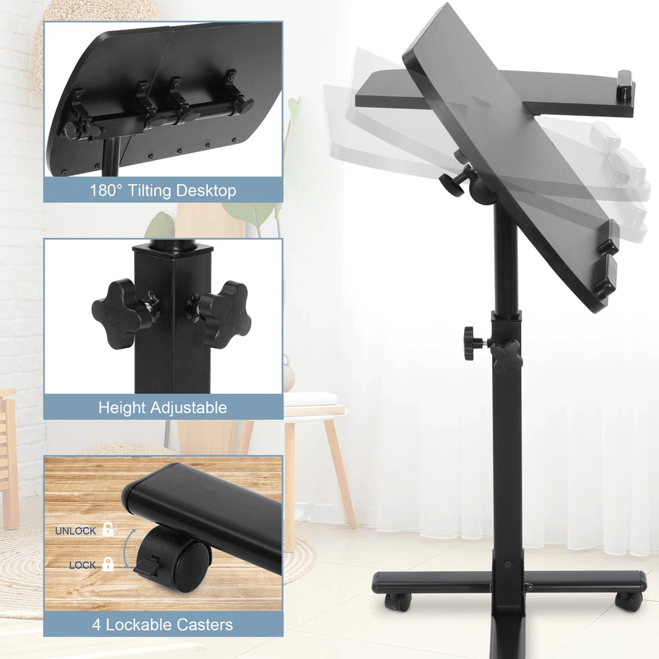 Adjustable Laptop Notebook Rolling Table Desk Stand Overbed Tiltable Tabletop With Casters 3