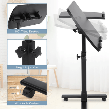 Adjustable Laptop Notebook Rolling Table Desk Stand Overbed Tiltable Tabletop With Casters 3