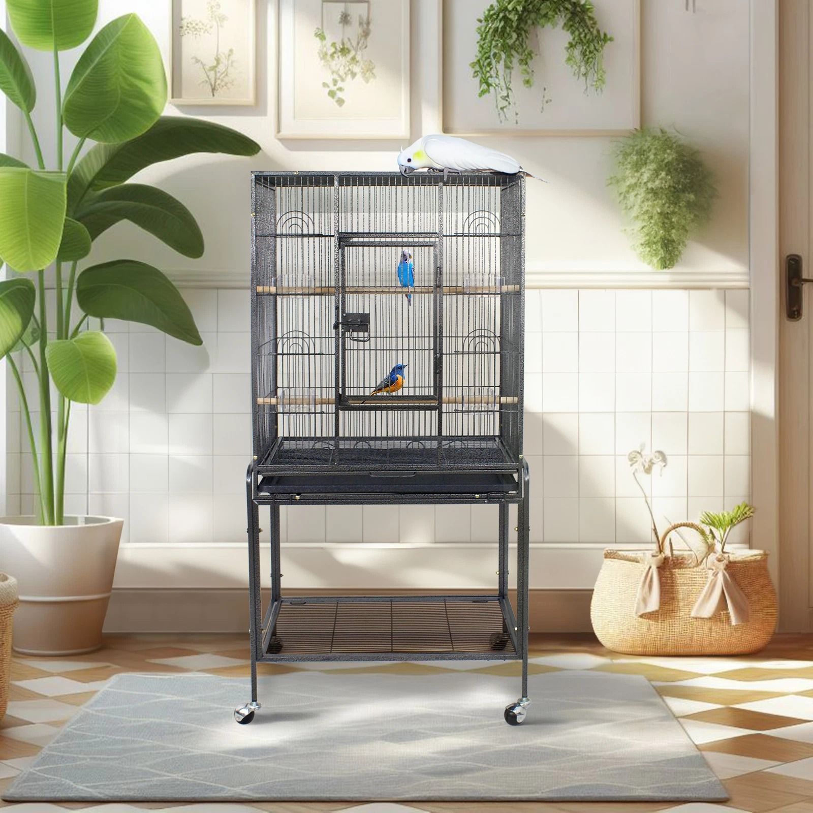 53 Large Bird Cage For Parrots  Cockatiels  Sturdy Metal Play Top Cage With Feeder Stand Rolling Wh 3