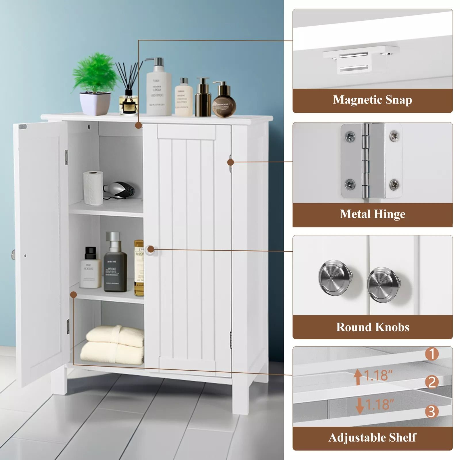 White Wooden Bathroom Floor Cabinet  3Shelf Storage Cupboard Free Standing Organizer For Bathroom E 10