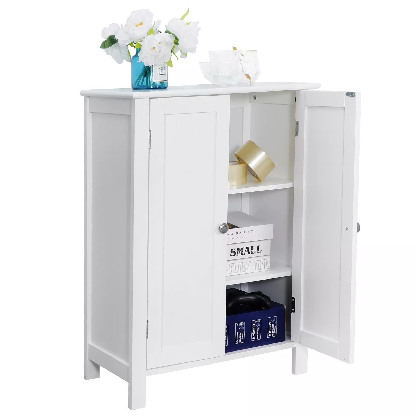 White Wooden Bathroom Floor Cabinet  3Shelf Storage Cupboard Free Standing Organizer For Bathroom E 11