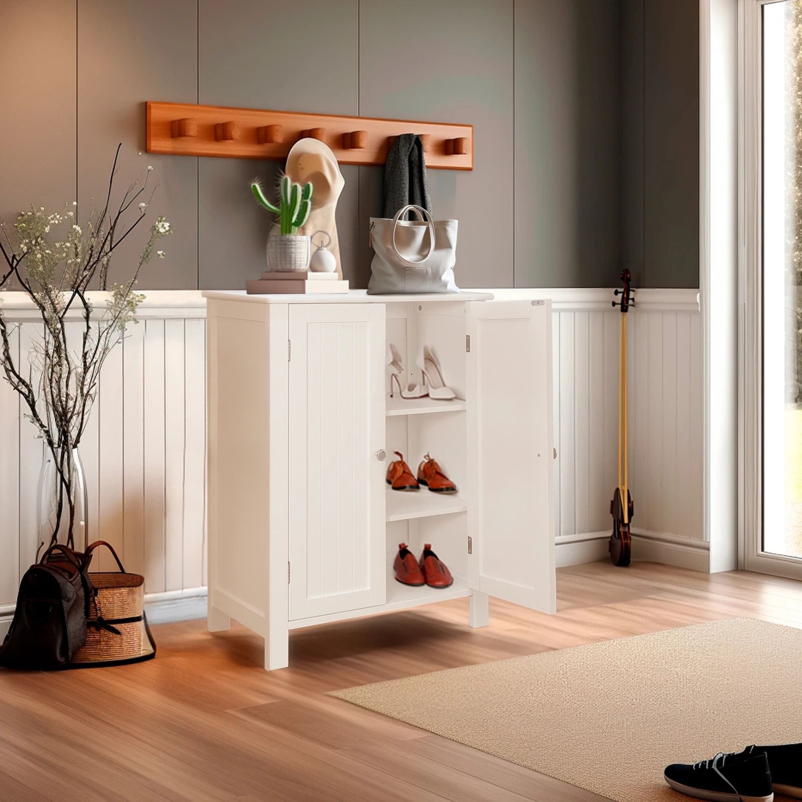 White Wooden Bathroom Floor Cabinet  3Shelf Storage Cupboard Free Standing Organizer For Bathroom E 2