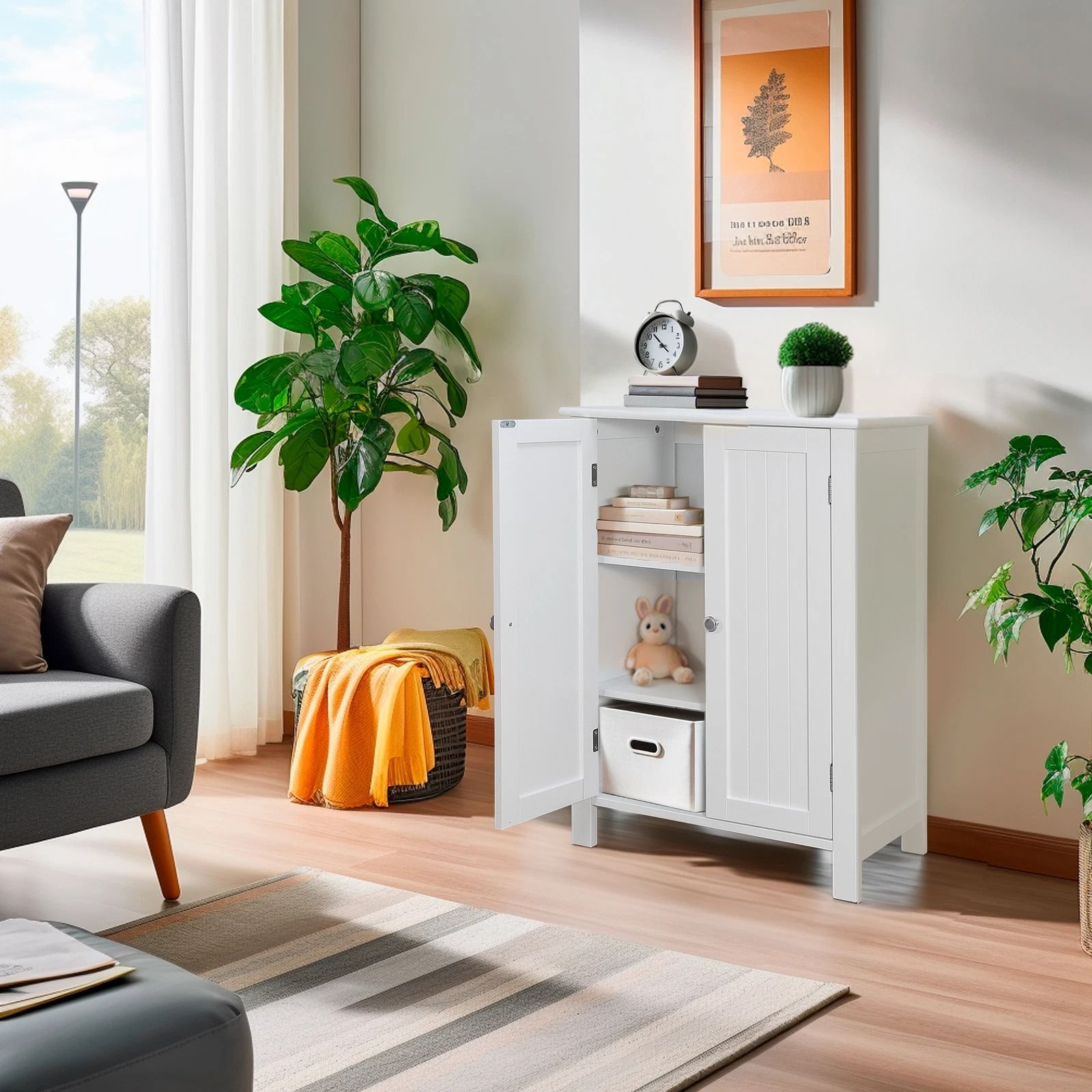 White Wooden Bathroom Floor Cabinet  3Shelf Storage Cupboard Free Standing Organizer For Bathroom E 3
