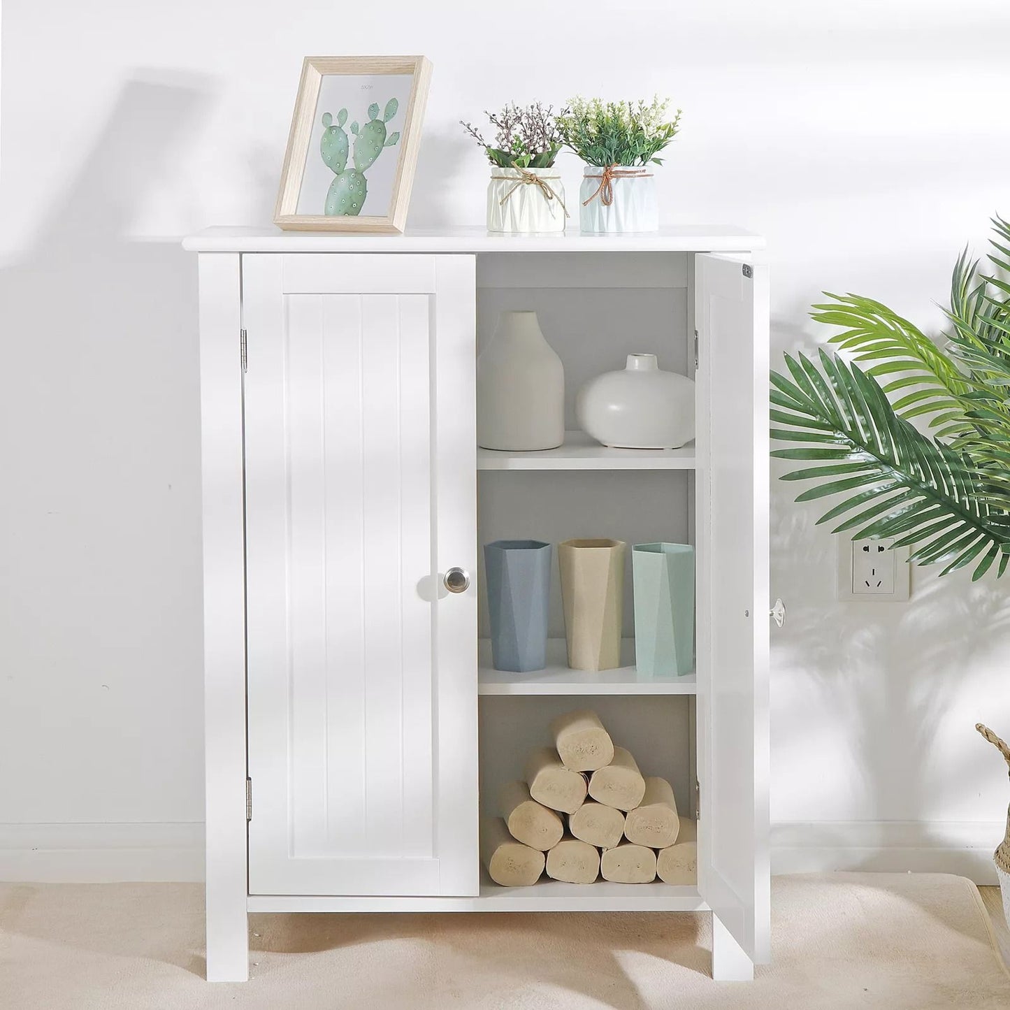 White Wooden Bathroom Floor Cabinet  3Shelf Storage Cupboard Free Standing Organizer For Bathroom E 5