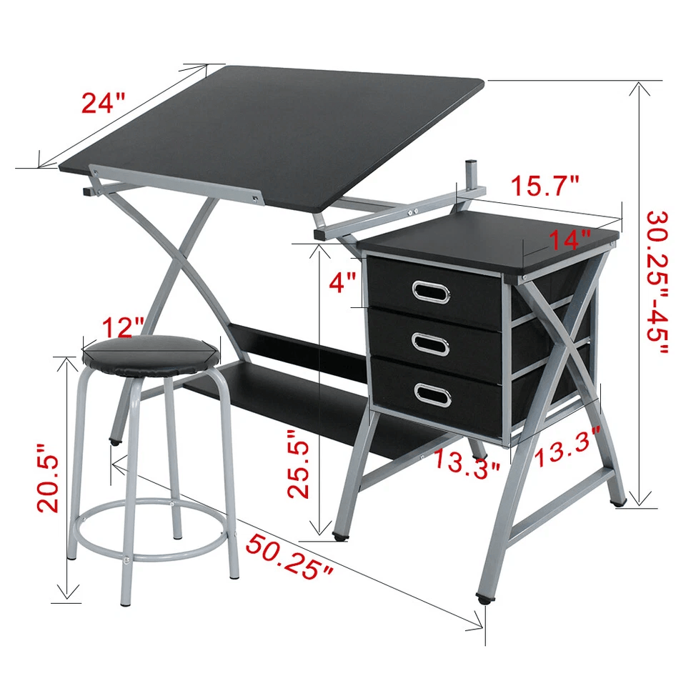 Adjustable Drafting Table Art  Craft Drawing Desk With Stool Folding Art Hobby Workstation 3 Drawer 2