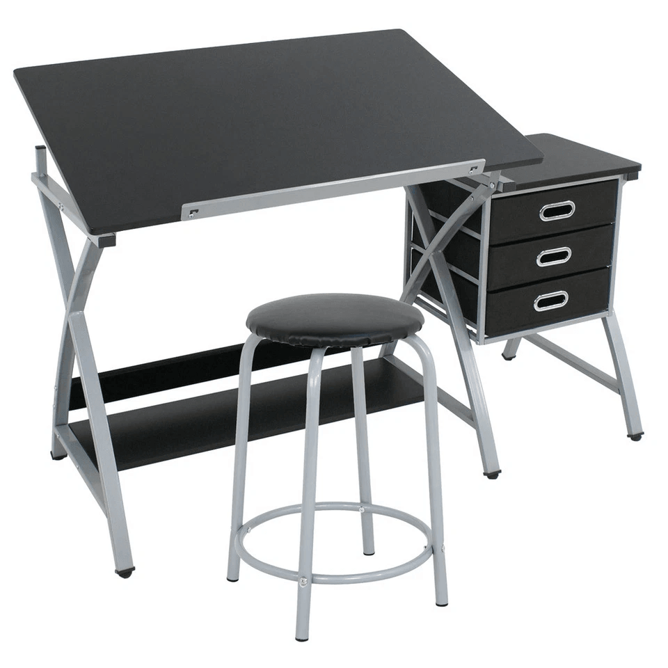 Adjustable Drafting Table Art & Craft Drawing Desk with Stool, Folding Art Hobby Workstation, 3 Drawers, Robust MDF/PVC
