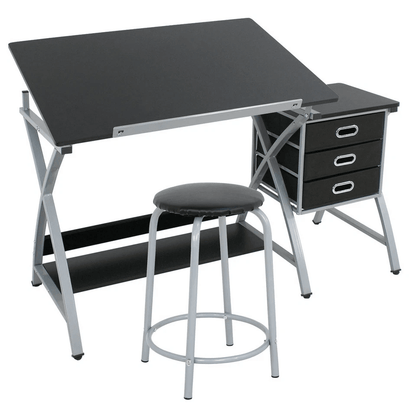 Adjustable Drafting Table Art & Craft Drawing Desk with Stool, Folding Art Hobby Workstation, 3 Drawers, Robust MDF/PVC