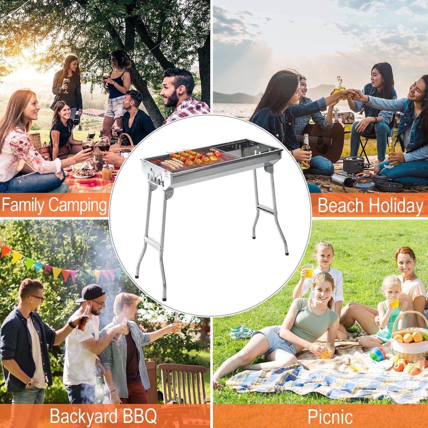 Foldable Charcoal BBQ Grill Portable Stainless Steel Backyard Cooker For Camping  Parties 5