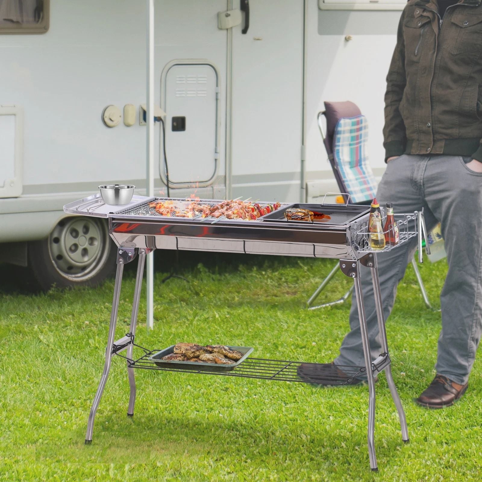 Outsunny Portable Folding Charcoal BBQ Grill Stainless Steel Camp  Picnic Cooker With Carrying Case 1