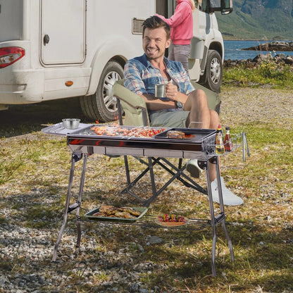 Outsunny Portable Folding Charcoal BBQ Grill, Stainless Steel Camp & Picnic Cooker with Carrying Case