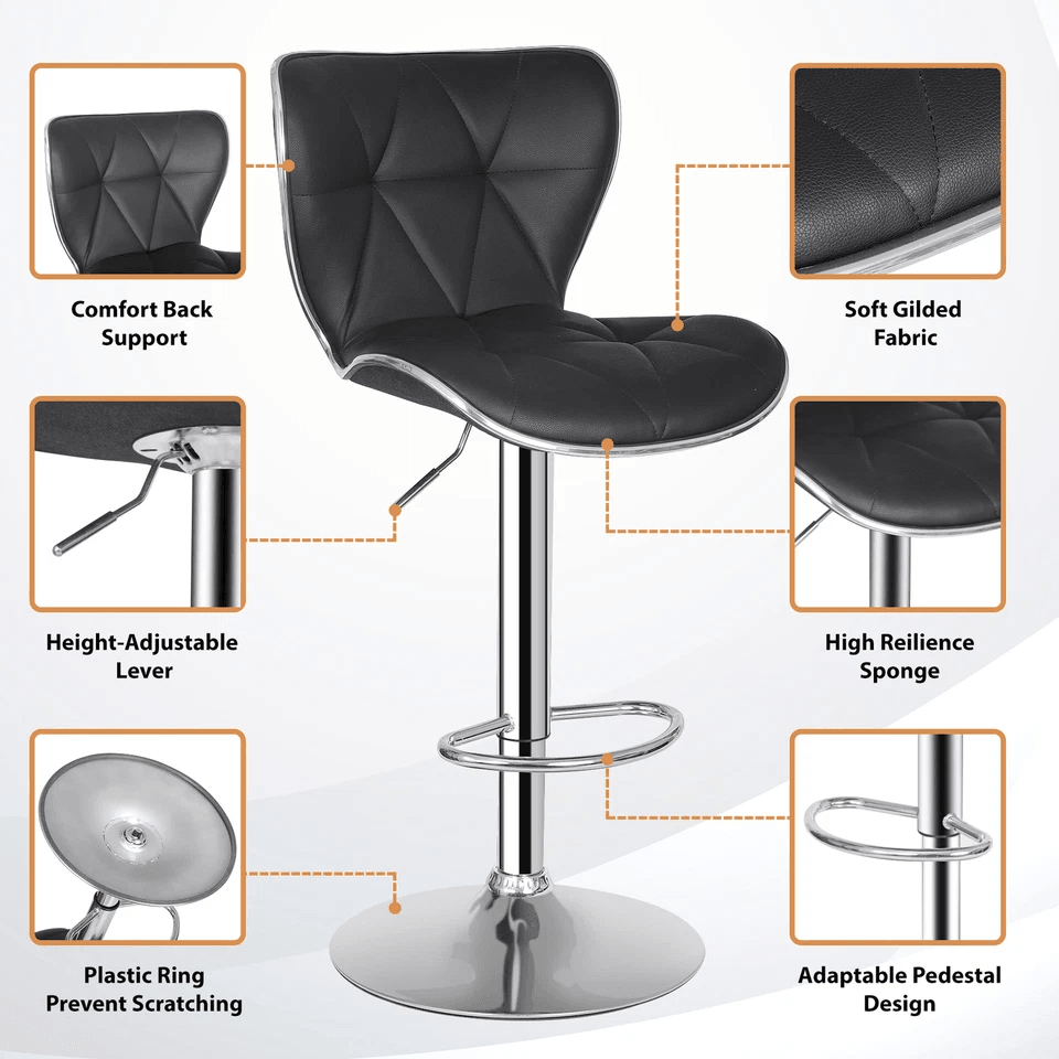 Shell Back Bar Stools Adjustable Height Swivel PU Leather Stools With Footrest  Back Black 3