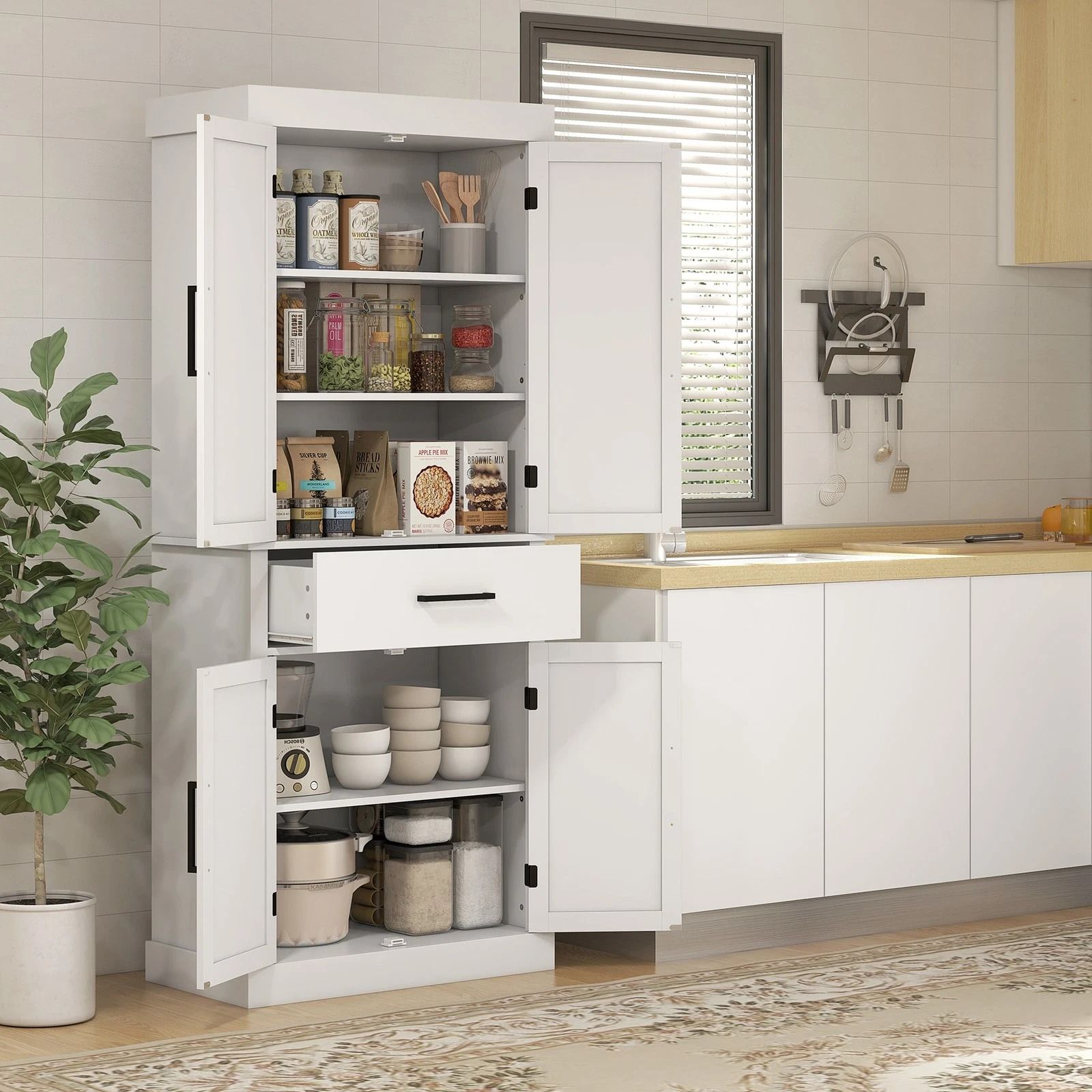 Farmhouse Pantry Cabinet With Barn Doors 72 Tall Kitchen Storage With Spacious Drawer 2