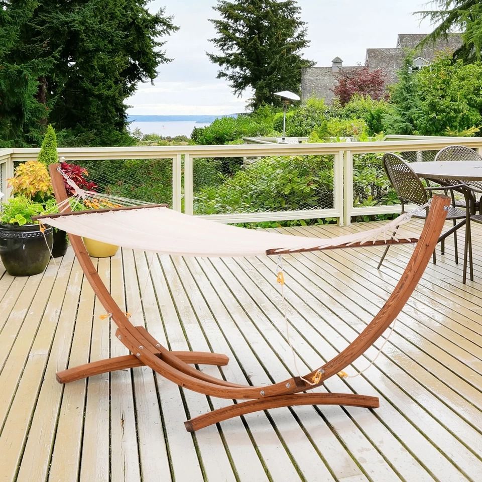 Wooden Curved Arc Hammock Stand with Cotton Hammock, Outdoor Patio Swing for Relaxation
