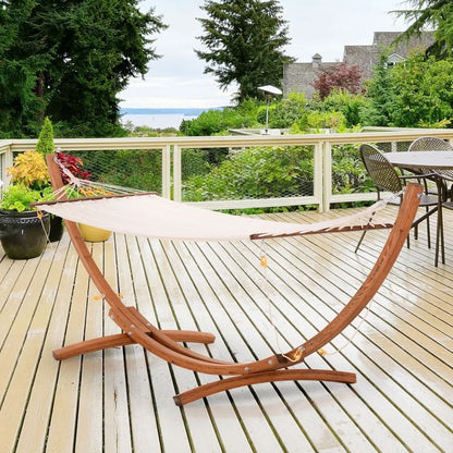 Wooden Curved Arc Hammock Stand with Cotton Hammock, Outdoor Patio Swing for Relaxation