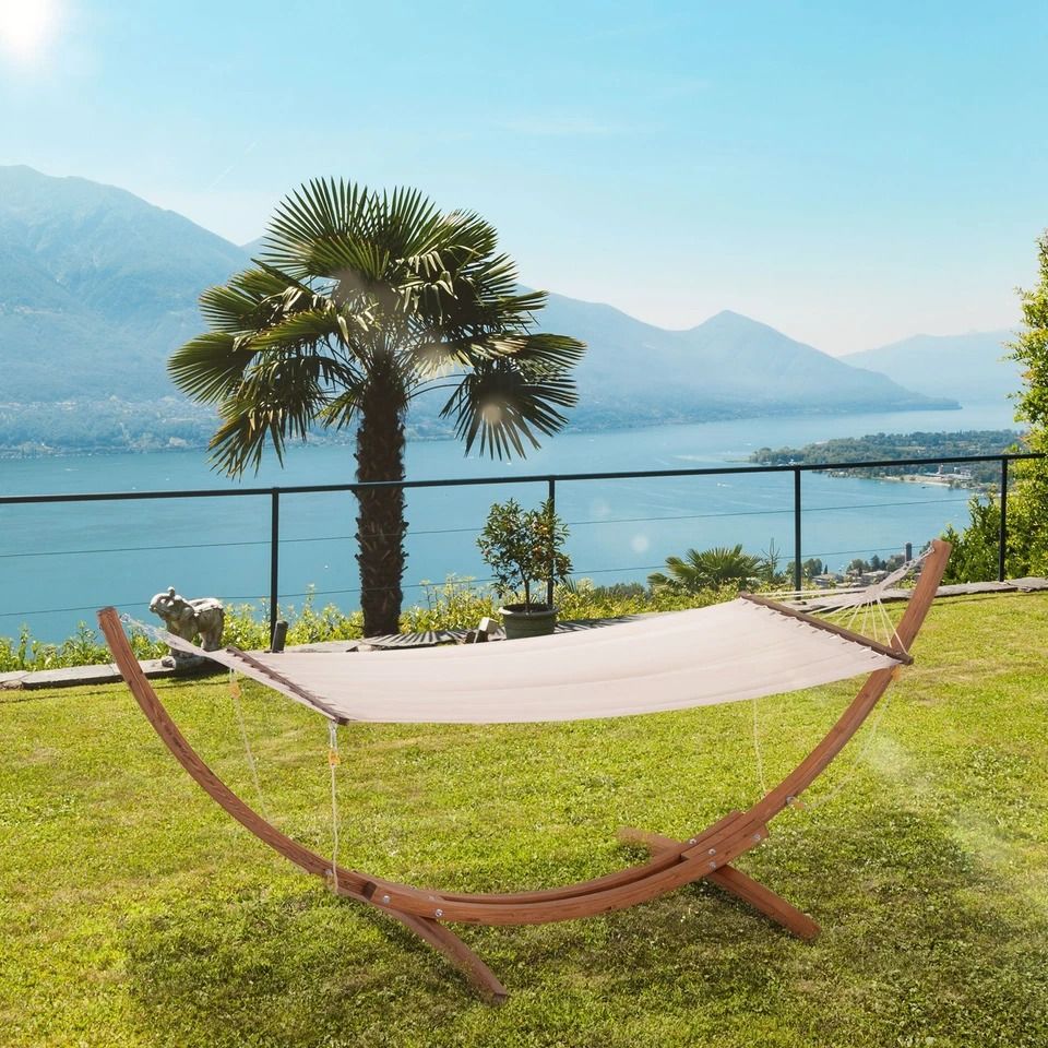 Wooden Curved Arc Hammock Stand With Cotton Hammock Outdoor Patio Swing For Relaxation 1