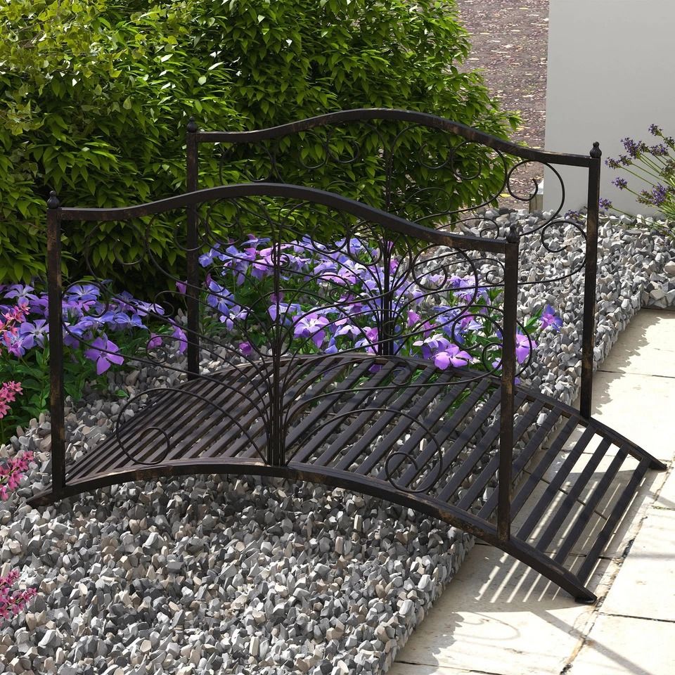 Black Bronze Metal Garden Bridge, 4 Foot Curved Outdoor Decorative Pond Archway
