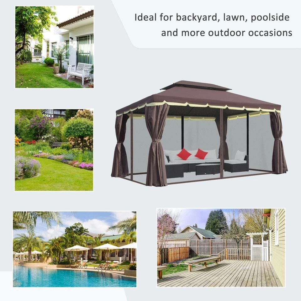 CoffeeColored Patio Gazebo 10x13ft Aluminum Frame With Mesh Netting  2Tier Roof 4