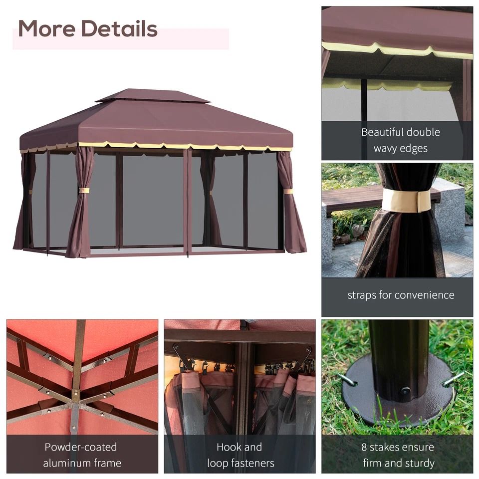 CoffeeColored Patio Gazebo 10x13ft Aluminum Frame With Mesh Netting  2Tier Roof 5