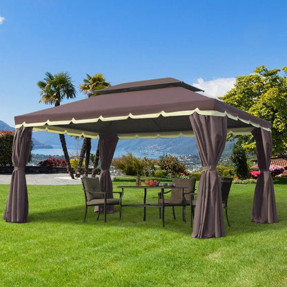 Coffee-Colored Patio Gazebo, 10x13ft Aluminum Frame with Mesh Netting & 2-Tier Roof