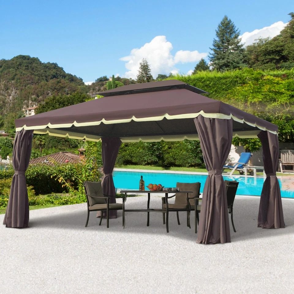 CoffeeColored Patio Gazebo 10x13ft Aluminum Frame With Mesh Netting  2Tier Roof 1