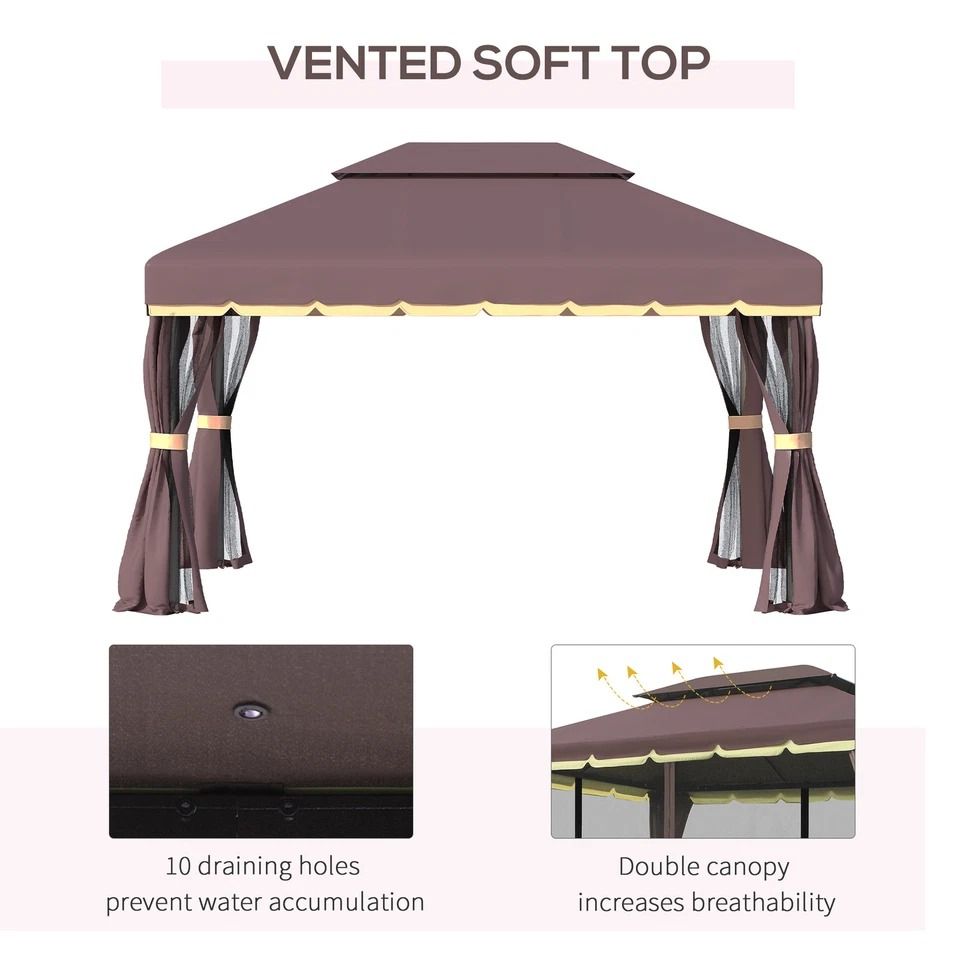 CoffeeColored Patio Gazebo 10x13ft Aluminum Frame With Mesh Netting  2Tier Roof 6