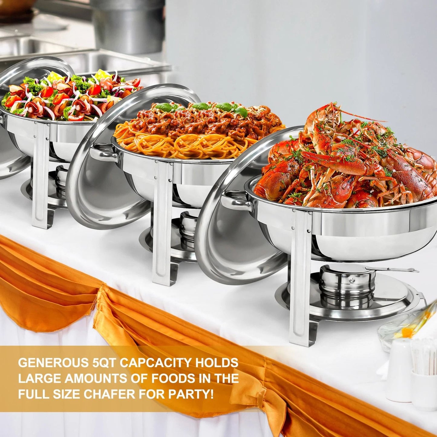 3 Pack Round Chafing Dishes 5 Stainless Steel FullSize Buffet Tray Set For Catering Weddings  Event 9