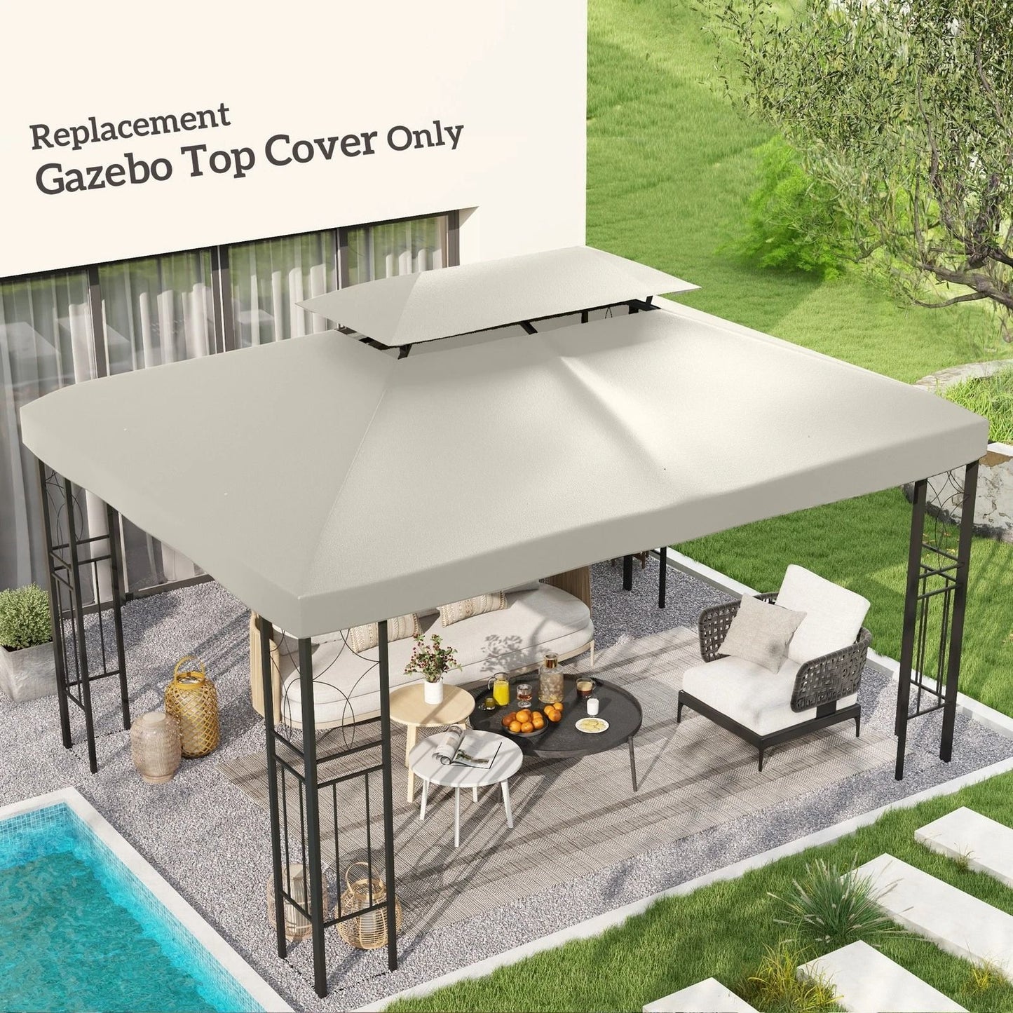 Replacement Gazebo Canopy Top Cover, 13x10ft 2-Tier Cream White Patio Shade