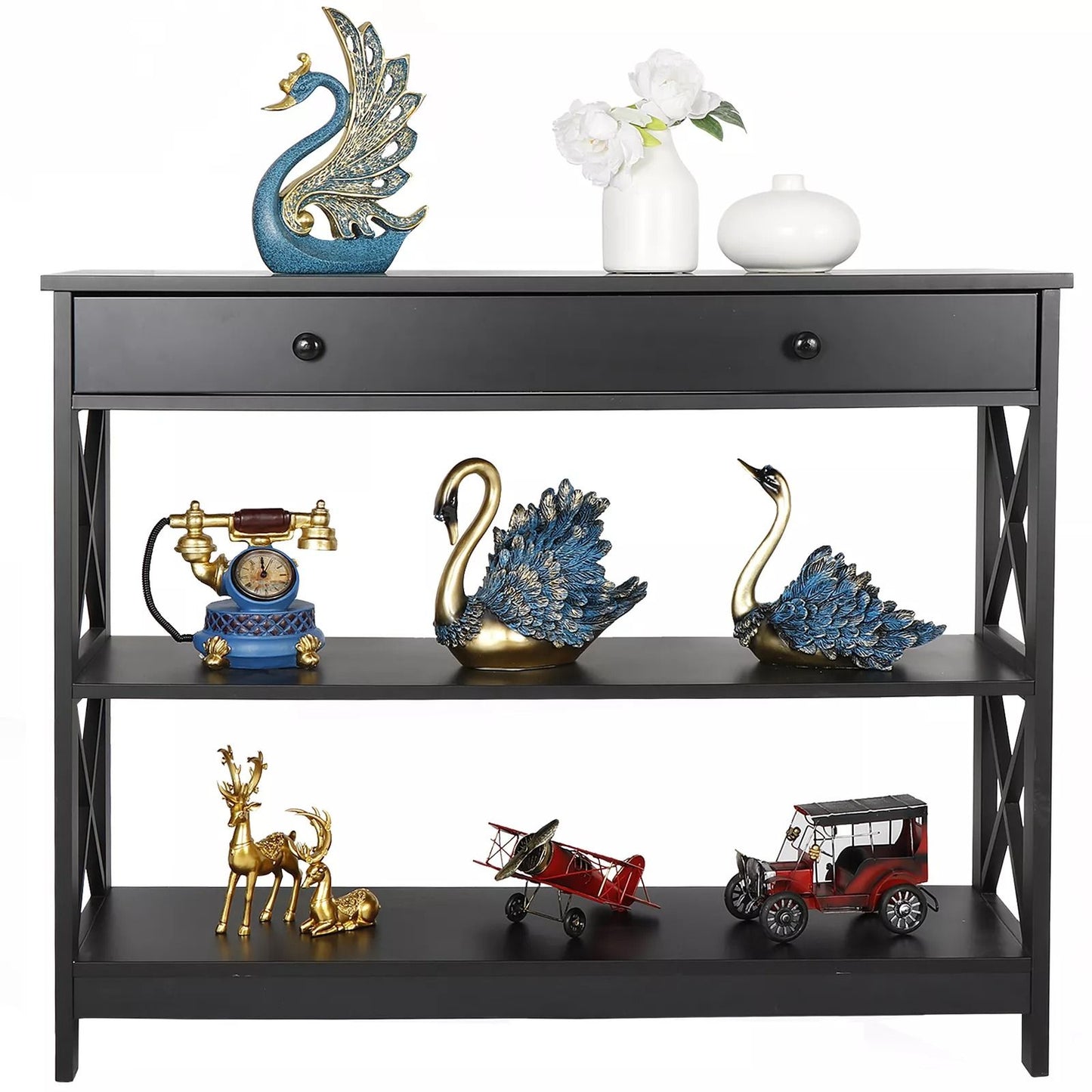 Black Console Table with Drawer & Storage Shelf – Sturdy Sofa Table, Hallway Furniture for Living Room, Entryway
