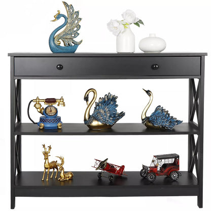 Black Console Table with Drawer & Storage Shelf – Sturdy Sofa Table, Hallway Furniture for Living Room, Entryway