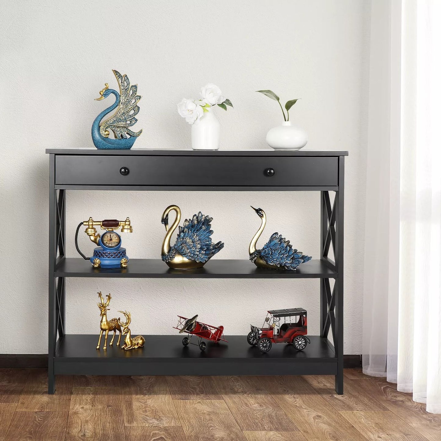 Black Console Table With Drawer  Storage Shelf  Sturdy Sofa Table Hallway Furniture For Living Room 4
