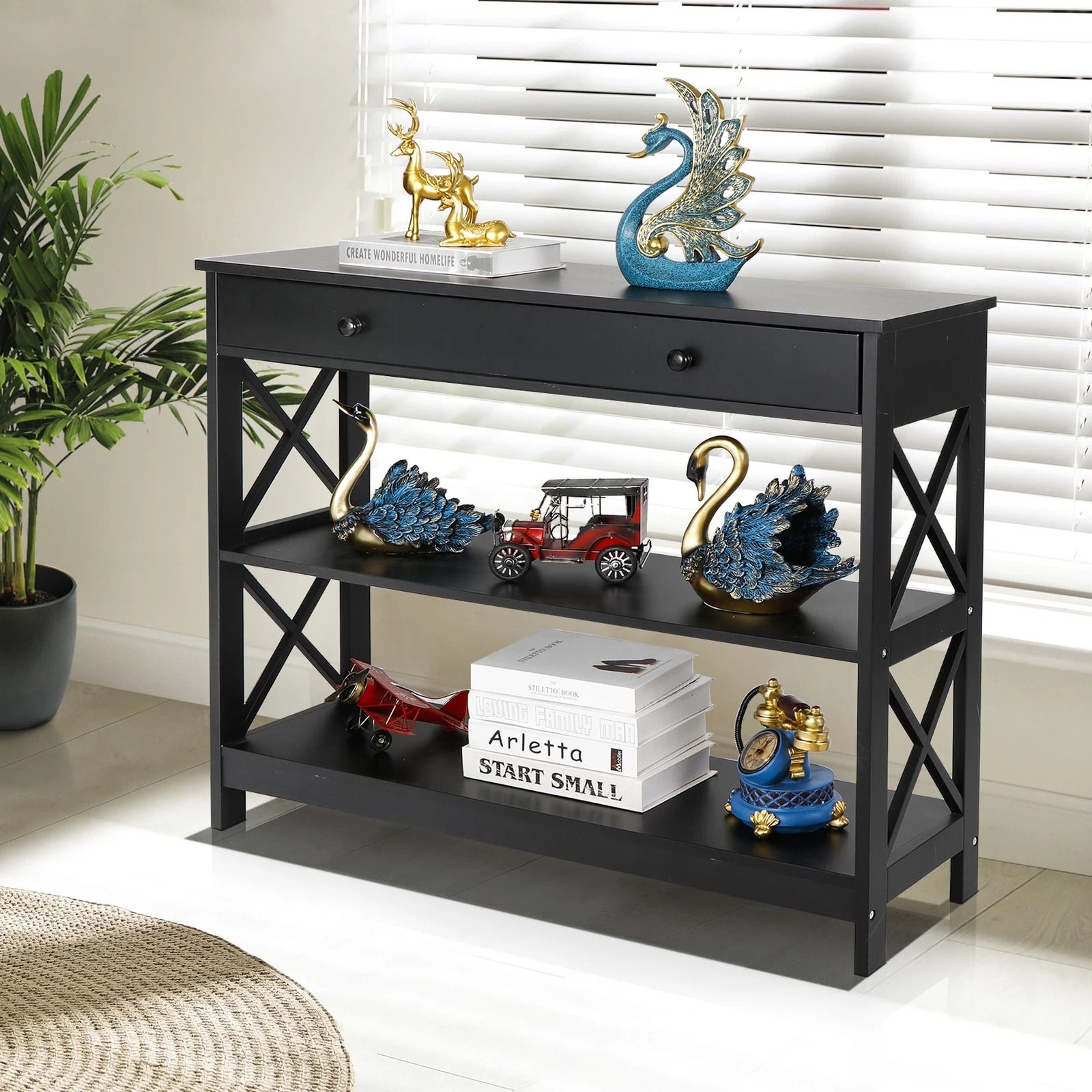 Black Console Table With Drawer  Storage Shelf  Sturdy Sofa Table Hallway Furniture For Living Room 5